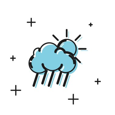 Beyaz arka plan üzerinde izole yağmur ve güneş simgesi ile Siyah Bulut. Yağmur damlaları ile yağmur bulutu yağış. Vektör İllüstrasyonu