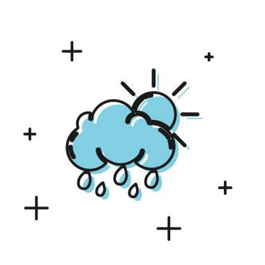 Beyaz arka plan üzerinde izole yağmur ve güneş simgesi ile Siyah Bulut. Yağmur damlaları ile yağmur bulutu yağış. Vektör İllüstrasyonu