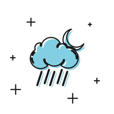 Beyaz arka planda izole edilmiş yağmur ve ay simgesine sahip Kara Bulut. Yağmur damlaları ile yağmur bulutu yağış. Vektör İllüstrasyonu