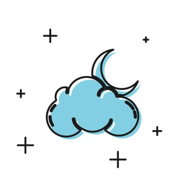 Beyaz arka planda yalıtılmış ay ve yıldız simgesine sahip Kara Bulut. Bulutlu gece işareti. Uyku rüyaları sembolü. Gece ya da yatak saati işareti. Vektör İllüstrasyonu