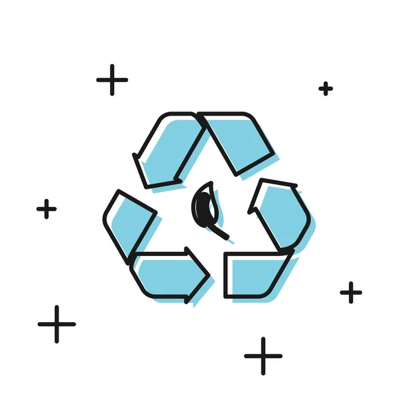 Μαύρο σύμβολο ανακύκλωσης και το εικονίδιο φύλλο απομονώνονται σε λευκό φόντο. Το περιβάλλον ανακυκλώσιμο είναι πράσινο. Απεικόνιση διανυσματικών φορέων — Διανυσματικό Αρχείο