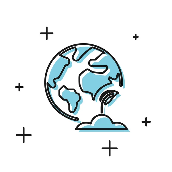 Чорна земна куля і рослина ікона ізольований на білому фоні. Світу або землі знаком. Геометричні фігури. Екологічна концепція. Векторна ілюстрація — стоковий вектор