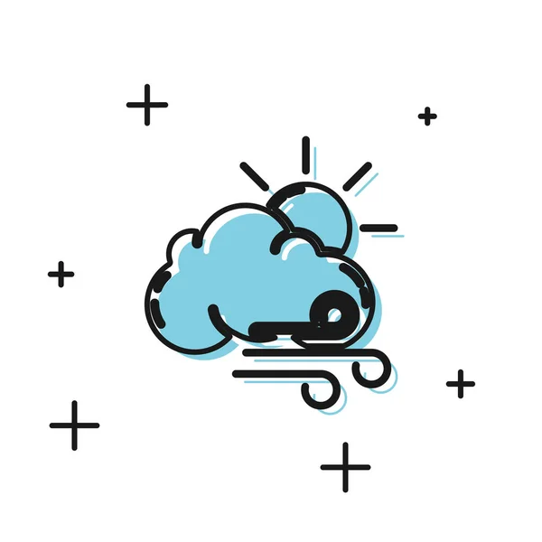 Icono del tiempo Viento Negro aislado sobre fondo blanco. Sol con nube y viento. Ilustración vectorial — Vector de stock