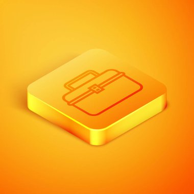 Turuncu arka plan üzerinde izole wobbler ve dişli balıkçılık ekipmanları simgesi için İzometrik çizgi Case veya kutu konteyner. Olta takımı. Turuncu kare düğme. Vektör İllüstrasyonu