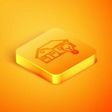 İzometrik hat Akıllı ev ve ampul simgesi turuncu arka plan üzerinde izole. Turuncu kare düğme. Vektör İllüstrasyonu