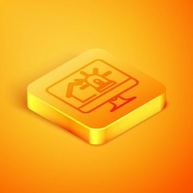 Turuncu arka plan üzerinde izole akıllı ev ve alarm simgesi ile izometrik hat Bilgisayar monitörü. Akıllı evin güvenlik sistemi. Turuncu kare düğme. Vektör İllüstrasyonu