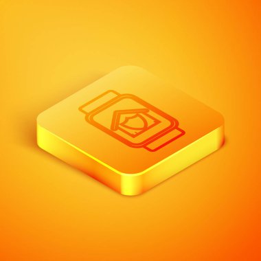 Turuncu arka planda izole koruma simgesi altında ev ile izometrik hat Akıllı saat. Koruma, güvenlik, güvenlik, koruma, savunma konsepti. Turuncu kare düğme. Vektör İllüstrasyonu