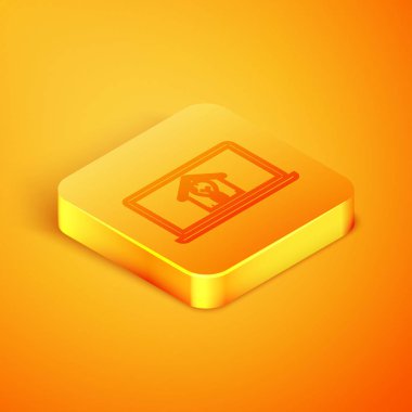 Turuncu arka plan üzerinde izole akıllı ev ve ampul simgesi ile İzometrik hat Laptop. Turuncu kare düğme. Vektör İllüstrasyonu