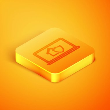 Turuncu arka plan üzerinde izole koruma simgesi altında ev ile İzometrik hat Laptop. Koruma, güvenlik, güvenlik, koruma, savunma konsepti. Turuncu kare düğme. Vektör İllüstrasyonu