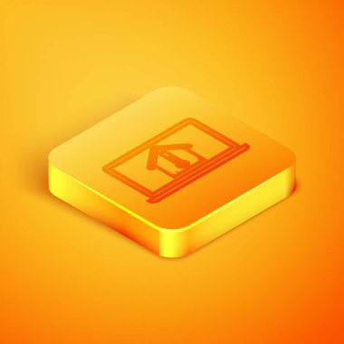 Turuncu arka planda izole ev sıcaklığı simgesi ile İzometrik çizgi Laptop. Termometre simgesi. Turuncu kare düğme. Vektör İllüstrasyonu