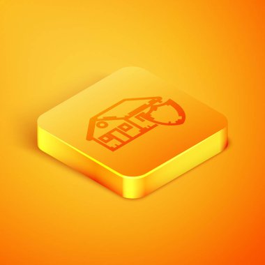 Turuncu arka plan üzerinde izole koruma simgesi altında İzometrik hat House. Koruma, güvenlik, güvenlik, koruma, savunma konsepti. Turuncu kare düğme. Vektör İllüstrasyonu