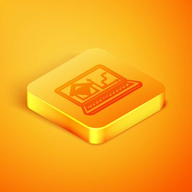 Turuncu arka plan üzerinde izole wi-fi simgesi ile akıllı ev ile izometrik hat Laptop. Uzaktan kumanda. Turuncu kare düğme. Vektör İllüstrasyonu