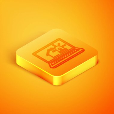 Turuncu arka plan üzerinde izole akıllı ev ve alarm simgesi ile İzometrik hat Laptop. Akıllı evin güvenlik sistemi. Turuncu kare düğme. Vektör İllüstrasyonu