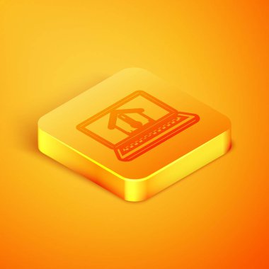 Turuncu arka planda izole ev sıcaklığı simgesi ile İzometrik çizgi Laptop. Termometre simgesi. Turuncu kare düğme. Vektör İllüstrasyonu