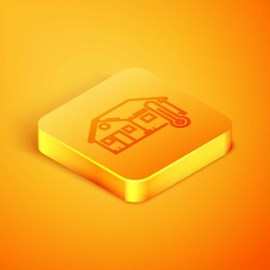 Turuncu arka planda izole edilmiş İzometrik çizgi Ev sıcaklık simgesi. Termometre simgesi. Turuncu kare düğme. Vektör İllüstrasyonu