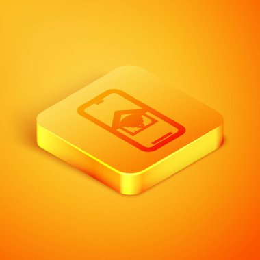 Turuncu arka plan üzerinde izole wi-fi simgesi ile akıllı ev ile izometrik hat Cep telefonu. Uzaktan kumanda. Turuncu kare düğme. Vektör İllüstrasyonu