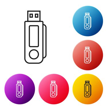Beyaz arka planda siyah çizgi Usb flash sürücü simgesi. Simgeleri renkli daire düğmeleri ayarlayın. Vektör İllüstrasyonu