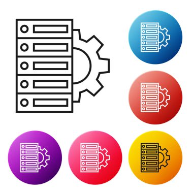 Siyah çizgi Server ve beyaz arka plan üzerinde dişli simgesi. Uygulama, servis konsepti, ayar seçenekleri, bakım, onarım, sabitleme ayarlama. Simgeleri renkli daire düğmeleri ayarlayın. Vektör İllüstrasyonu