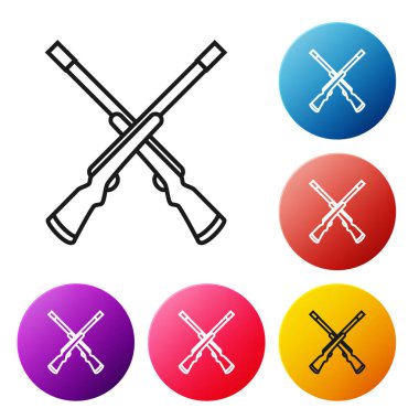 Siyah çizgi İki beyaz arka plan üzerinde izole av tüfeği simgesi geçti. Av silahı. Simgeleri renkli daire düğmeleri ayarlayın. Vektör İllüstrasyonu