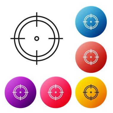Siyah çizgi Hedef spor çekim rekabet simgesi beyaz arka plan üzerinde izole. Atış mesafesi veya atış için numaralarla hedefi temizleyin. Simgeleri renkli daire düğmeleri ayarlayın. Vektör İllüstrasyonu