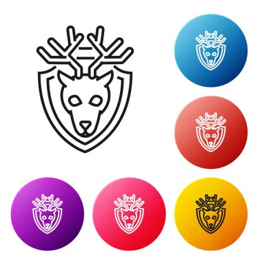 Beyaz arka plan üzerinde izole kalkan simgesi boynuzları ile siyah çizgi Geyik baş. Duvarda av ganimeti. Simgeleri renkli daire düğmeleri ayarlayın. Vektör İllüstrasyonu