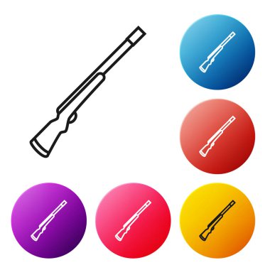 Siyah çizgi Avcılık silah simgesi beyaz arka plan üzerinde izole. Av tüfeği. Simgeleri renkli daire düğmeleri ayarlayın. Vektör İllüstrasyonu