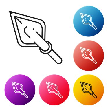 Siyah çizgi Hipster ok ucu simgesi beyaz arka plan üzerinde izole. Simgeleri renkli daire düğmeleri ayarlayın. Vektör İllüstrasyonu