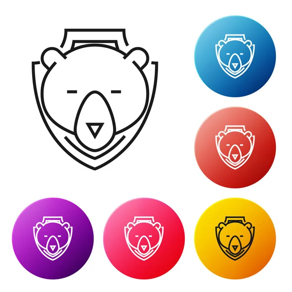 Beyaz arka planda izole kalkan simgesi üzerinde Siyah çizgi Bear baş. Duvarda av ganimeti. Simgeleri renkli daire düğmeleri ayarlayın. Vektör İllüstrasyonu