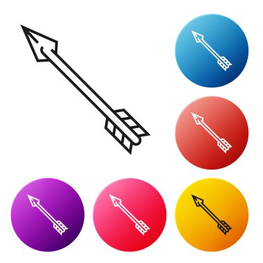 Siyah çizgi Hipster ok simgesi beyaz arka plan üzerinde izole. Simgeleri renkli daire düğmeleri ayarlayın. Vektör İllüstrasyonu