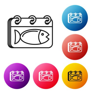 Beyaz arka planda izole edilmiş bir balık simgesine sahip siyah çizgi Takvim. Balık günü. Simgeleri renkli daire düğmeleri ayarlayın. Vektör İllüstrasyonu