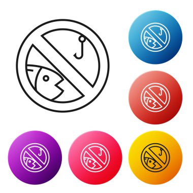Siyah çizgi Beyaz arka planda izole edilmiş balıkçılık simgesi yok. Yasaklama işareti. Simgeleri renkli daire düğmeleri ayarlayın. Vektör İllüstrasyonu