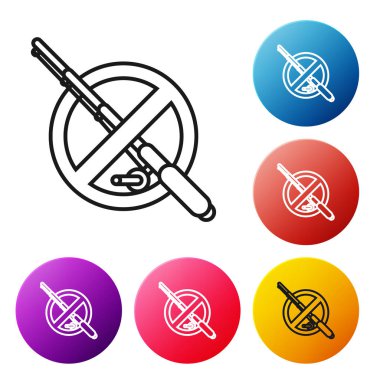 Siyah çizgi Beyaz arka planda izole edilmiş balıkçılık simgesi yok. Yasaklama işareti. Simgeleri renkli daire düğmeleri ayarlayın. Vektör İllüstrasyonu