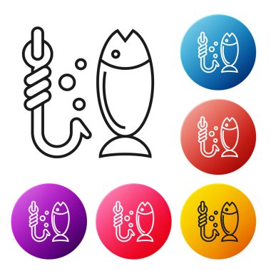 Siyah çizgi Balıkçılık simgesi beyaz arka planda yalıtılmış. Balık ve kanca. Strateji kavramı. Yem işareti. Simgeleri renkli daire düğmeleri ayarlayın. Vektör İllüstrasyonu