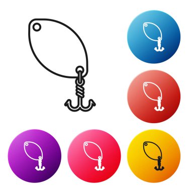 Siyah çizgi Balıkçılık kaşık simgesi beyaz arka plan üzerinde izole. Balık şeklinde balık yemleri. Olta takımı. Simgeleri renkli daire düğmeleri ayarlayın. Vektör İllüstrasyonu