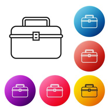 Siyah çizgi Case veya beyaz arka plan üzerinde izole wobbler ve dişli balıkçılık ekipmanları simgesi için kutu konteyner. Olta takımı. Simgeleri renkli daire düğmeleri ayarlayın. Vektör İllüstrasyonu