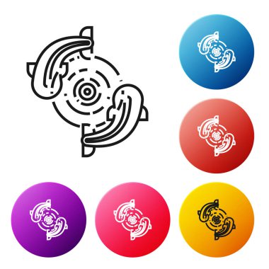 Siyah çizgi Balık simgesi beyaz arka plan üzerinde izole. Simgeleri renkli daire düğmeleri ayarlayın. Vektör İllüstrasyonu