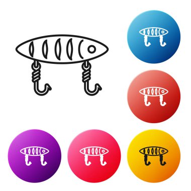 Siyah çizgi Balıkçılık yem simgesi beyaz arka plan üzerinde izole. Olta takımı. Simgeleri renkli daire düğmeleri ayarlayın. Vektör İllüstrasyonu