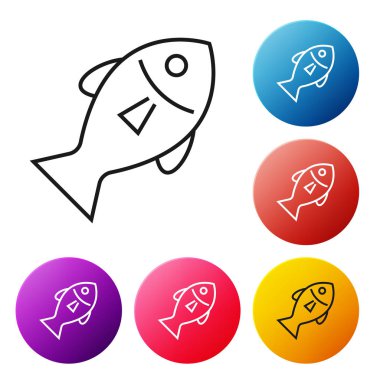 Siyah çizgi Balık simgesi beyaz arka plan üzerinde izole. Simgeleri renkli daire düğmeleri ayarlayın. Vektör İllüstrasyonu