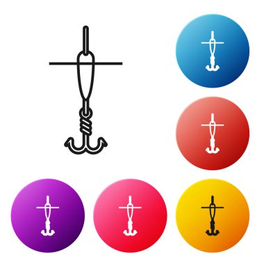 Siyah çizgi Olta kancası ve beyaz arka planda izole float simgesi. Olta takımı. Simgeleri renkli daire düğmeleri ayarlayın. Vektör İllüstrasyonu