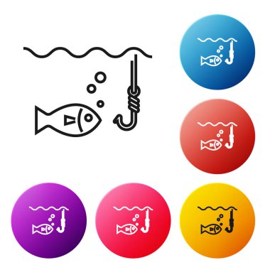Beyaz arka plan üzerinde izole balık simgesi ile su altında Siyah çizgi Olta kanca. Olta takımı. Simgeleri renkli daire düğmeleri ayarlayın. Vektör İllüstrasyonu