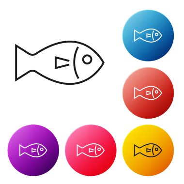 Siyah çizgi Balık simgesi beyaz arka plan üzerinde izole. Simgeleri renkli daire düğmeleri ayarlayın. Vektör İllüstrasyonu