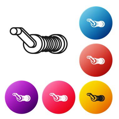 Beyaz arka planda izole balıkçılık simgesi için siyah çizgi İplik makara. Balıkçı bobini. Olta takımı. Simgeleri renkli daire düğmeleri ayarlayın. Vektör İllüstrasyonu