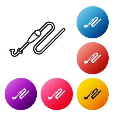 Siyah çizgi Kanca ve float simgesi beyaz arka plan üzerinde izole ile Olta hattı. Olta takımı. Simgeleri renkli daire düğmeleri ayarlayın. Vektör İllüstrasyonu