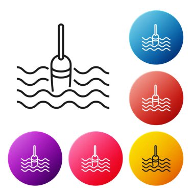 Siyah çizgi Balıkçılık beyaz arka plan üzerinde izole su simgesi yüzer. Olta takımı. Simgeleri renkli daire düğmeleri ayarlayın. Vektör İllüstrasyonu