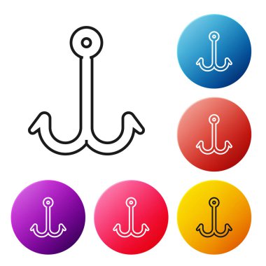 Siyah çizgili olta kancası simgesi beyaz arkaplanda izole edildi. Balık oltası. Renkli daire düğmelerini ayarlayın. Vektör İllüstrasyonu