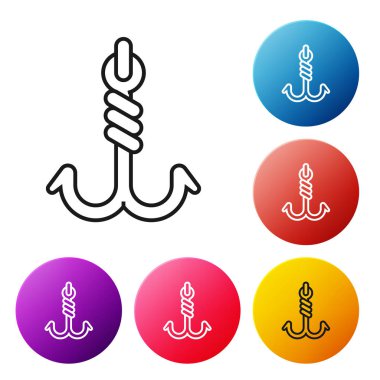 Siyah çizgili olta kancası simgesi beyaz arkaplanda izole edildi. Balık oltası. Renkli daire düğmelerini ayarlayın. Vektör İllüstrasyonu