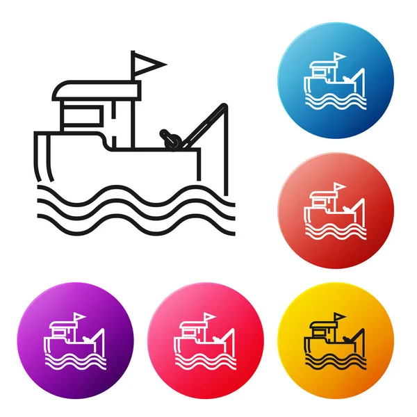 Beyaz arka plan üzerinde izole su simgesi üzerinde olta ile Siyah çizgi Balıkçı teknesi. Simgeleri renkli daire düğmeleri ayarlayın. Vektör İllüstrasyonu