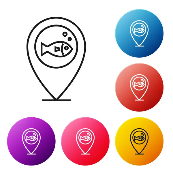 Siyah çizgi Konum balıkçılık simgesi beyaz arka planda izole. Balıkçı yeri. Simgeleri renkli daire düğmeleri ayarlayın. Vektör İllüstrasyonu