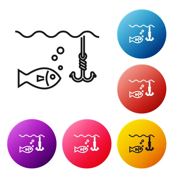 Beyaz arka plan üzerinde izole balık simgesi ile su altında Siyah çizgi Olta kanca. Olta takımı. Simgeleri renkli daire düğmeleri ayarlayın. Vektör İllüstrasyonu