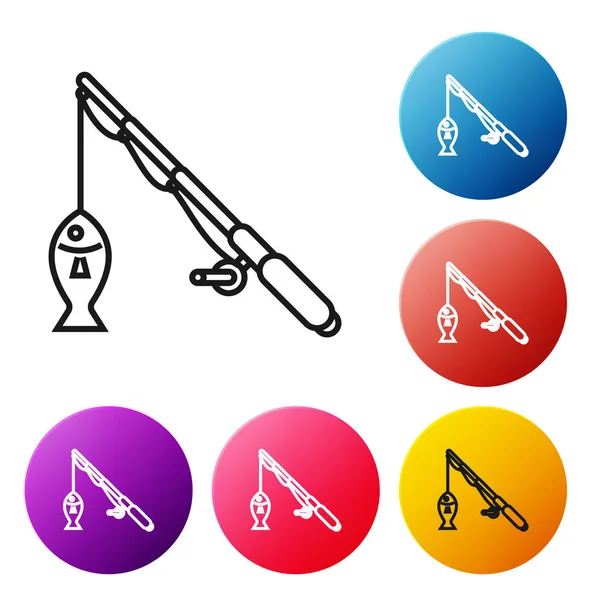 Siyah çizgi Olta ve balık simgesi beyaz arka plan üzerinde izole. Balıkçılık ekipmanları ve balık yetiştiriciliği konuları. Simgeleri renkli daire düğmeleri ayarlayın. Vektör İllüstrasyonu